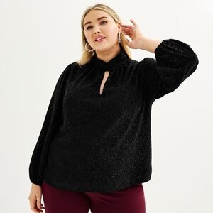 Nine West Twist Neck Black Glitter Blouse Plus Size 2X NWT Long Sleeve